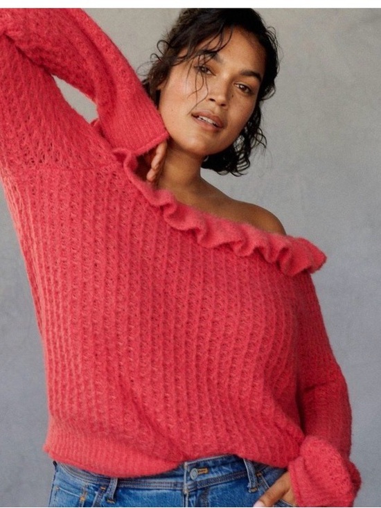 Anthropologie Sweaters - Anthropologie Cozy Ruffle-Trim Boat Neck Knit Pink Rose Sweater NWT Size XL